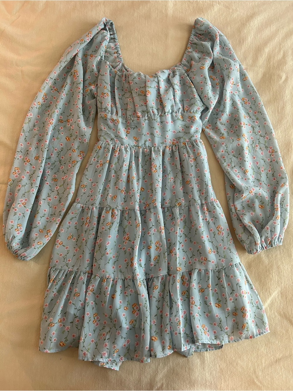 Altar'd State Light Blue Floral Puff-Sleeve Tiered Mini Dress